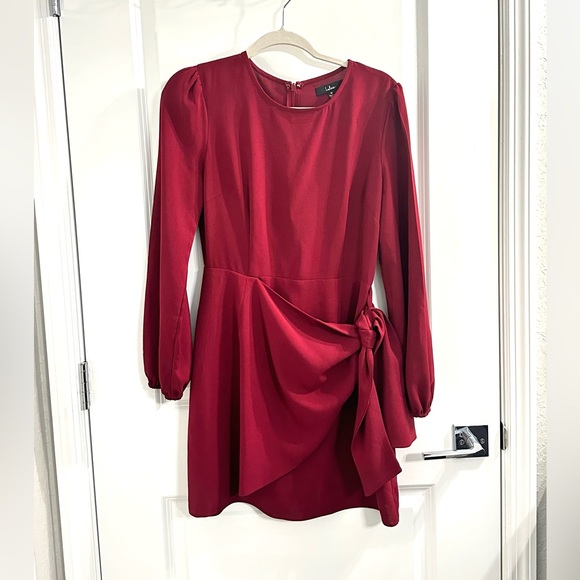 Lulu’s wine red skater dress with front tie wrap and long sleeves mid thigh - Picture 7 of 14